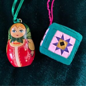 2 Folk Art Ornaments (Quilting Block and Matryoshka Stacking Doll) ~2"